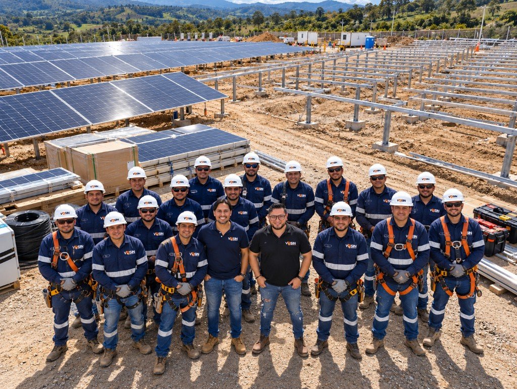 Cuadrilla completa de VOSIN S.A.S junto a su dirección en un proyecto de energía solar