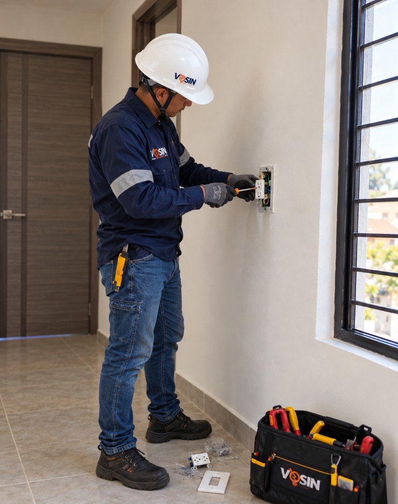 Técnico de VOSIN S.A.S instalando un tomacorriente en una vivienda